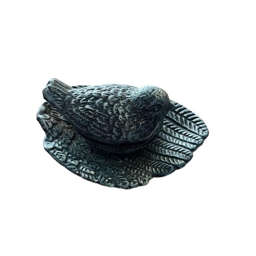 Vintage ASP 2000 Cast Iron Bird Trinket Box On Leaf